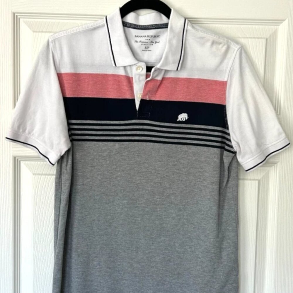 Banana Republic Men’s Striped Polo Shirt Size S Gray Navy Red White Cotton LOGO